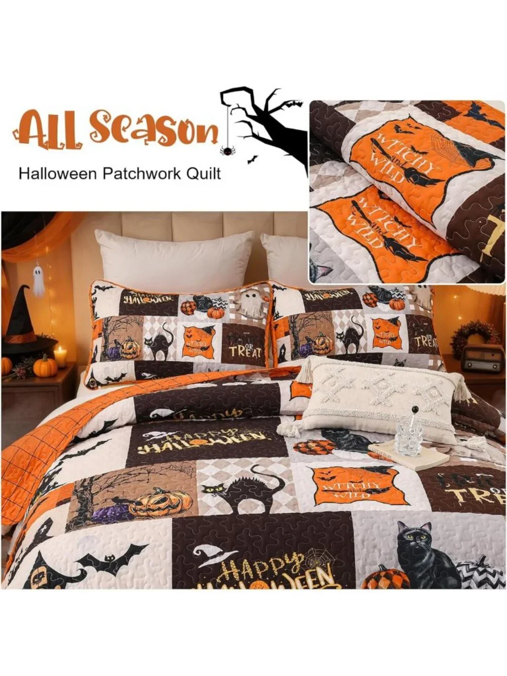 King Size Halloween Quilt Set - Fall Patchwork Bedspread, 3-Piece Cozy Bedding